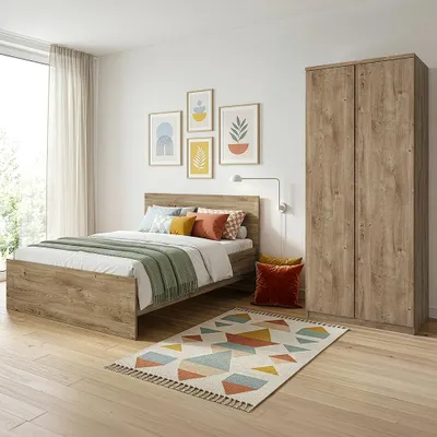 Produktbild von Jugendzimmer-Set mit Bett 90x200 cm & Kleiderschrank in Eiche, modern, 2-teilig - FORTALEZA-129