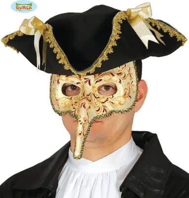 Produktbild von Karneval Venezianische Maske Mit Langer Nase Für Fasching Und Kostümfeste In Gold Schwarz Und Rot, Farbe: Beige
