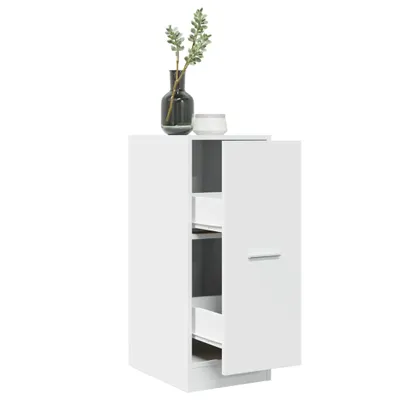 A white apothecary cabinet with two drawers open, on a white background.