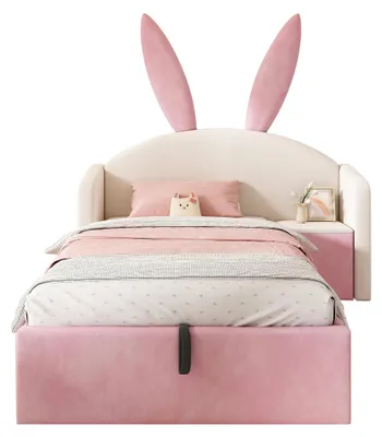 Productafbeelding van Babybed - 90x190 cm - Bekleding van fluweel - Hoofdeinde met konijnenoren - Opbergruimte en nachtkastje - Zonder matras - Beige/Roze