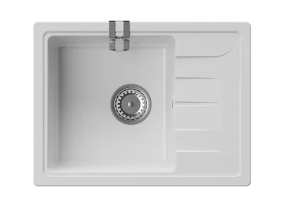 Produktbild von GranMaster Gracia Granitspüle 1 Becken mit Abtropffläche und Schwammhalter - Küchenspüle 58x44x16,4 cm - Weiß, Modernes Design, Vielseitiges, Granit
