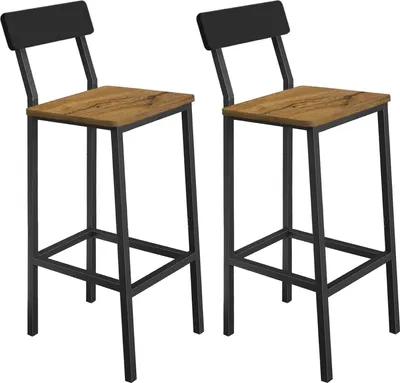 Two industrial-style bar stools with black metal frames and wooden seats and backs, set against a white background.