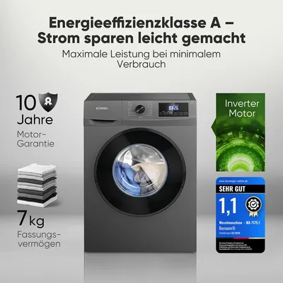 Produktbild von Bomann® Waschmaschine 7kg | Invertermotor - effizient, leise & langlebig | max. 1400 U/min | LED-Display | 15 Programme | WA 7175.1 titan
