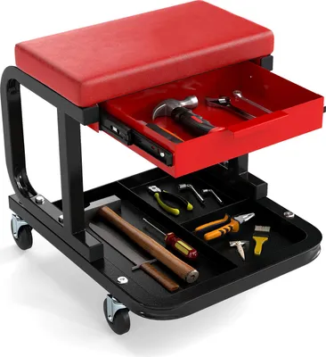 Produktbild von COSTWAY Werkstatthocker mit Rollen, Schublade & Ablage, Rollhocker bis 185kg, Werkstatt, Rollsitz, Werkstattstuhl, Montagehocker Rot