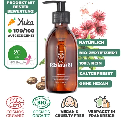 Produktbild von BIONOBLE Rizinusöl Kaltgepresst Bio - Haare, Wimpern, Augenbrauen - 200ml