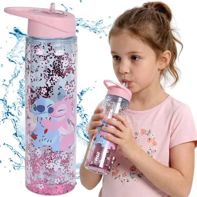 Produktbild von DISNEY Stitch Wasserflasche 550 ml mit Trinkverschluss, Griff und Trinkhalm, transparent