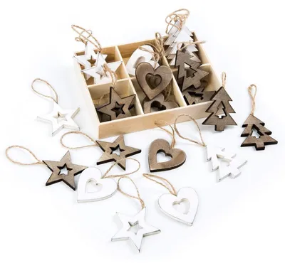 Produktbild von Weihnachtsanhänger Set - 24 Holzanhänger Herz Stern Baum braun weiß