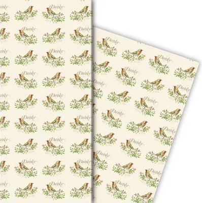 Produktbild von Klassisches Dankes Geschenkpapier mit Vögelchen in beige - G6343, 32 x 48cm