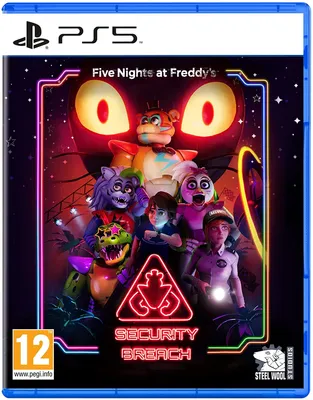 The image shows the cover art for the video game Five Nights at Freddy's: Security Breach, featuring several animatronic characters and a young girl.