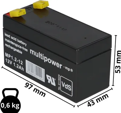 Zdjęcie produktu dla Akumulator kwasowo-ołowiowy Multipower MP1,2-12 Pb 12V 1,2Ah VdS G107032, Faston 4,8