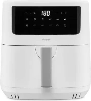 A white Medion air fryer with a digital display and a grey handle.