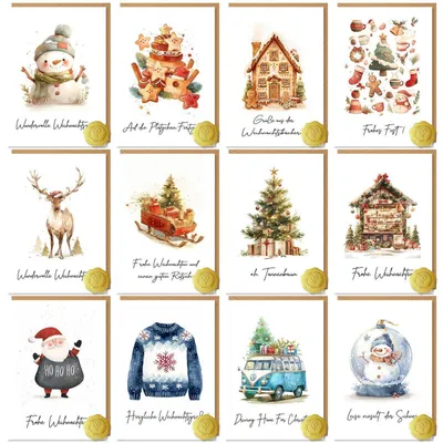 Image de Coffret de 12 cartes de Noël au format DIN A6, comprenant des enveloppes et des autocollants