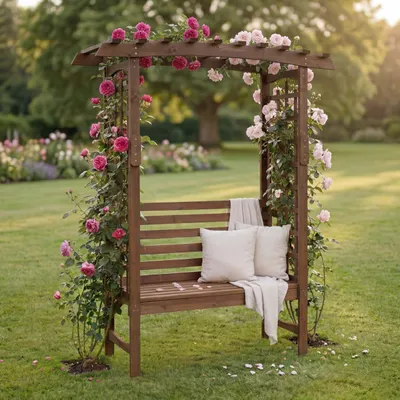 Produktbild von Rosenbogen mit Sitzbank HWC-Q21, Gartenbogen Rankhilfe Bank Gartenbank Holz - 201x160x60  dunkelbraun