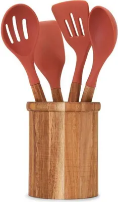 Immagine prodotto di 4 utensili da cucina - Pentola grande da 31 cm in legno di acacia certificatacon utensili coordinati - Dimensioni pentola: 15 x 12