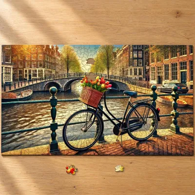 Produktbild von Fahrrad in Amsterdam Stadt aus Holz, KI-generiertes Bild