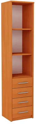 A tall, narrow wooden bookshelf with four drawers at the bottom and three open shelves above, set against a white background.