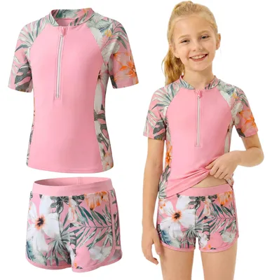 Productafbeelding van Zwempak Meisjes - Tweedelig - Rashguard met Korte Mouwen - Ritssluiting - Zwemshort - Geschikt voor 7-13 Jaar - Badpak