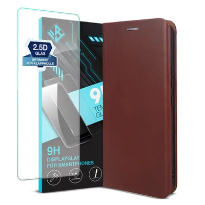 Produktbild von Handyhülle für Samsung Galaxy A17 / A17 5G mit 9H Displayglas Echtleder Flip Cover Hülle Case Kartenfach RFID Schutz Farbe: Dunkelbraun