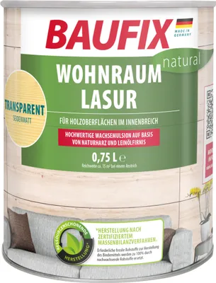 Produktbild von BAUFIX natural Wohnraumlasur transparent seidenmatt, 0.75 Liter, Holzlasur