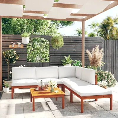 Produktbild von "Rabatt" 6-tlg. Garten-Lounge-Set - Wetterfestes Sitzgruppe - für 5 Personen - mit Kissen Cremefarbenes Holz Akazie & Seil - Lounge-Dining set CC2514