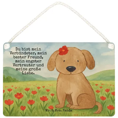 Produktbild von Mr. & Mrs. Panda Holzschild Hund Dame Design DIN A6 - Weiß - Geschenk, Türschild, holzbild, Motivschild, Liebe, Verliebt, wandtafel, Hunde, Liebenswert, Flauschig, Schild