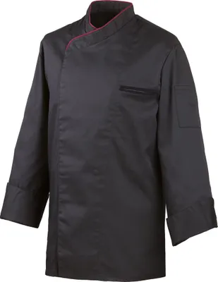 Produktbild von Kochjacke langarm, mit Druckknöpfen, Fb. schwarz, Paspel bordeaux, Gr. XS : bordeaux : XS : 65% Polyester 35%Baumwolle 220 g/m²