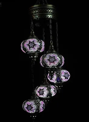 Image de Suspension turque - Suspension orientale - Violet - 5 boules en verre mosaïque colorées - Fait main