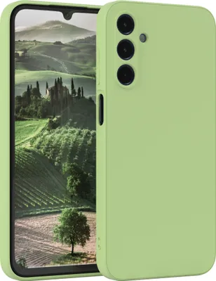 A light green phone case is shown with a scenic landscape on the phone screen.