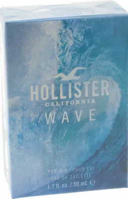 A product box for Hollister Wave For Him Eau de Toilette, featuring a wave graphic.