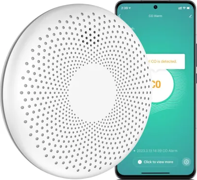 A smart CO detector and a smartphone displaying a CO alarm notification.