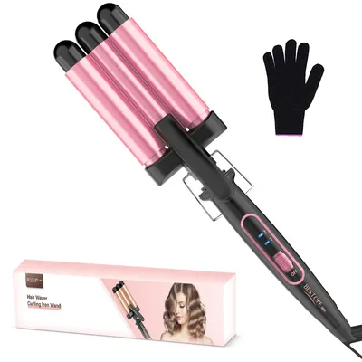 Produktbild von Lockenstab 3 Fässer Welleneisen Keramik Mermaid Hair Waver PTC Schnellheizung 150°C/210°C Welleisen Beach Waves Lockenstab für Kurze und Lange Haare