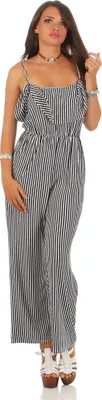Produktbild von 204 Damen Overall 2 in 1 Optik Bandeau Top lange Hose schulterfreier langer Jumpsuit gestreifter Einteiler mit Volants und tailliert One Size S M L Schwarz