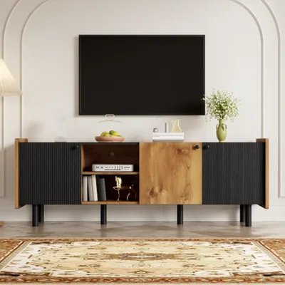 Produktbild von TV-Schrank – Moderner Stil TV-Ständer mit Drei Türen und Zwei Offenen Fächern Esszimmer 160 cm Schwarzer