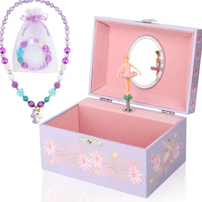 Image de Boîte à musique en forme de bijou, avec une ballerine qui tourne, comprenant un collier et un bracelet, pour les filles