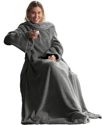 Produktbild von Famanu Kuscheldecke mit Ärmeln und Fußsack - 150 x 180 cm, graues Korallenfleece