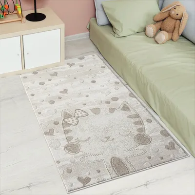 Produktbild von Kinderteppich Creme, Beige - 80x150 cm - Tier-Motiv Katze, Herzen - Kinderzimmerteppiche