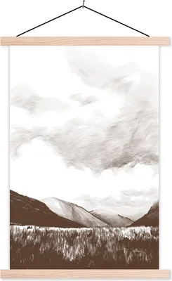 Produktbild von MuchoWow® Textilposter Gras - Berg - Himmel 60x90 cm mit holzfarbenen Rahmen - Textil