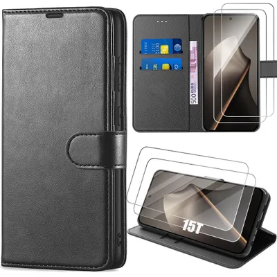 Image de Coque + 2 Verres Trempés pour Xiaomi 15T, Protection Intégrale Anti-Rayures Antichoc Synthécuir Noir