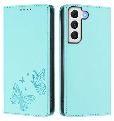 Image de Étui en cuir pour Samsung Galaxy S22 5G, motif papillon, étui portefeuille à rabat avec support, vert menthe