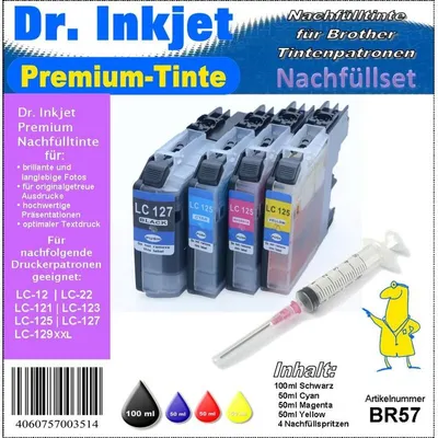 Produktbild von BR57 - Dr. Inkjet Komplettset 250ml Premium Nachfülltinte - Alles drin Packung - LC-12 / LC-22e /LC-121 / LC-123, LC-125, LC-127, LC-129