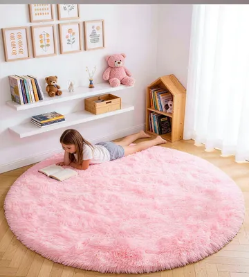 Productafbeelding van Rond Vloerkleed 150 cm, roze, hoogpolig, wasbaar, antislip, voor slaapkamer