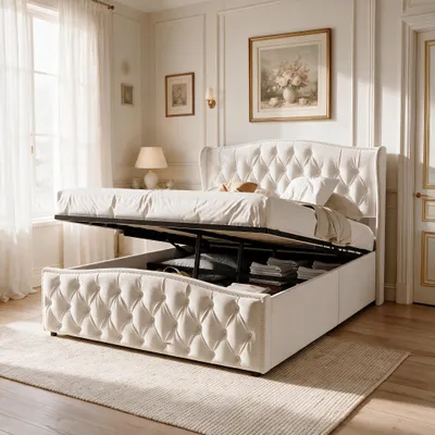 Obrázok produktu pre INONEFT čalúnená posteľ 140x190 cm s úložným priestorom, posteľ pre mládež s hydraulickým úložným priestorom, jednolôžková posteľ s roštom, materiál: zamat, bez matraca, farba: béžová