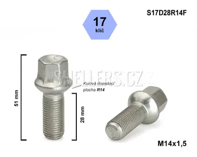 Obrázok produktu pre Kolový šroub M14x1,5x28 kulový R14, kľúč 17, S17D28R14F, výška 51 mm