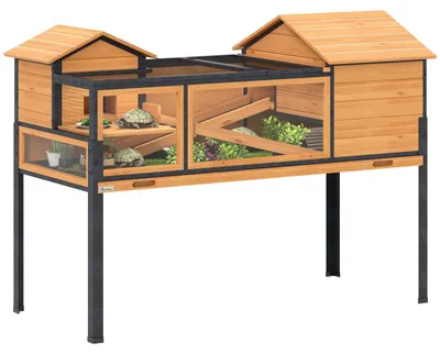 Produktbild von Schildkrötenhaus Kleintiergehege 2 Räume und 2 Stockwerke mit Sichtfenstern, Rampen, herausziehbarer Auffangschale, aufklappbarem Deckel, Tannenholz mit Stahlrahmen, Gelb