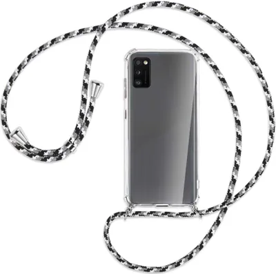 Produktbild von Handykette Backcover-Schutzhülle mit Band (Metall silberfarben) für Samsung Galaxy A41 (A415) - schwarz/grau/weiß