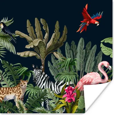 Produktbild von MuchoWow® Poster Dschungel - Pflanzen - Tiere - Kinder - Flamingo - Zebra 50x50 cm - Wohnzimmerdekoration