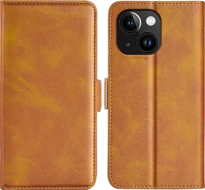 Produktbild von Mobigear Slim Magnet iPhone 15 Hülle Klapphülle Geldbörse - Cognac
