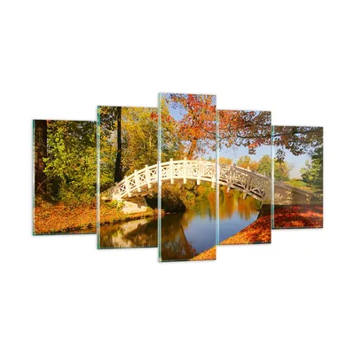 Produktbild von Bilder auf glas - Stream Fußgängerbrücke Herbst - 160x85cm - Glasbilder - Wandbilder - Kunstdruck - zum Aufhängen bereit - Wanddekoration aus Glas - Glas Bilder - Wandbild auf Glas - GEA160x85-2654