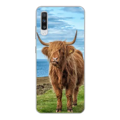 Produktbild von MuchoWow® Handyhülle Schutzhülle Hülle für Samsung Galaxy A70 Schottischer Highlander - Wasser - Hörner Silikon Softcase Handy Hülle - Schutzhaube