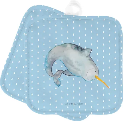 Produktbild von Mr. & Mrs. Panda Topflappen Narwal - Blau Pastell - Geschenk, Aufräumen, Hausfrau, Meer, Set, Kinderzimmer, Topfuntersetzer, Topflappenset, Putzen, Wal, topfhalter